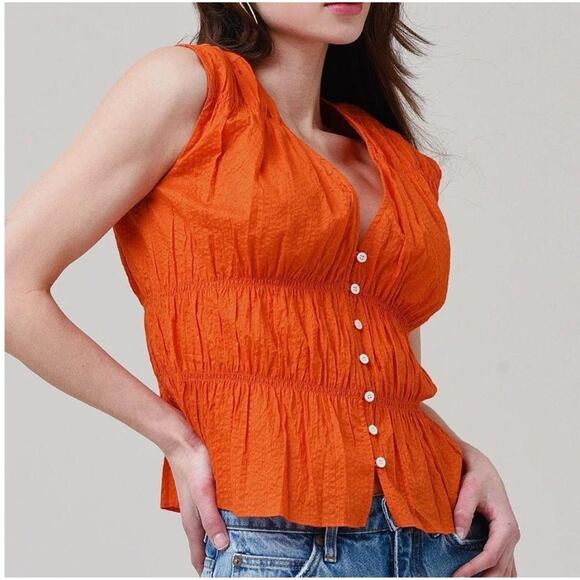 NWT Frame Orange Crush Ruched Button Front Sleeveless Blouse Size S - Picture 9 of 10